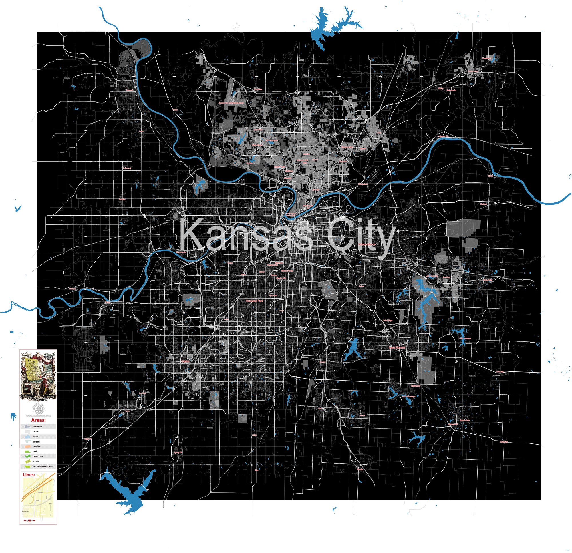 Kansas City Missouri Us Editable Layered Pdf Vector Map Mapdesignkansas 7635