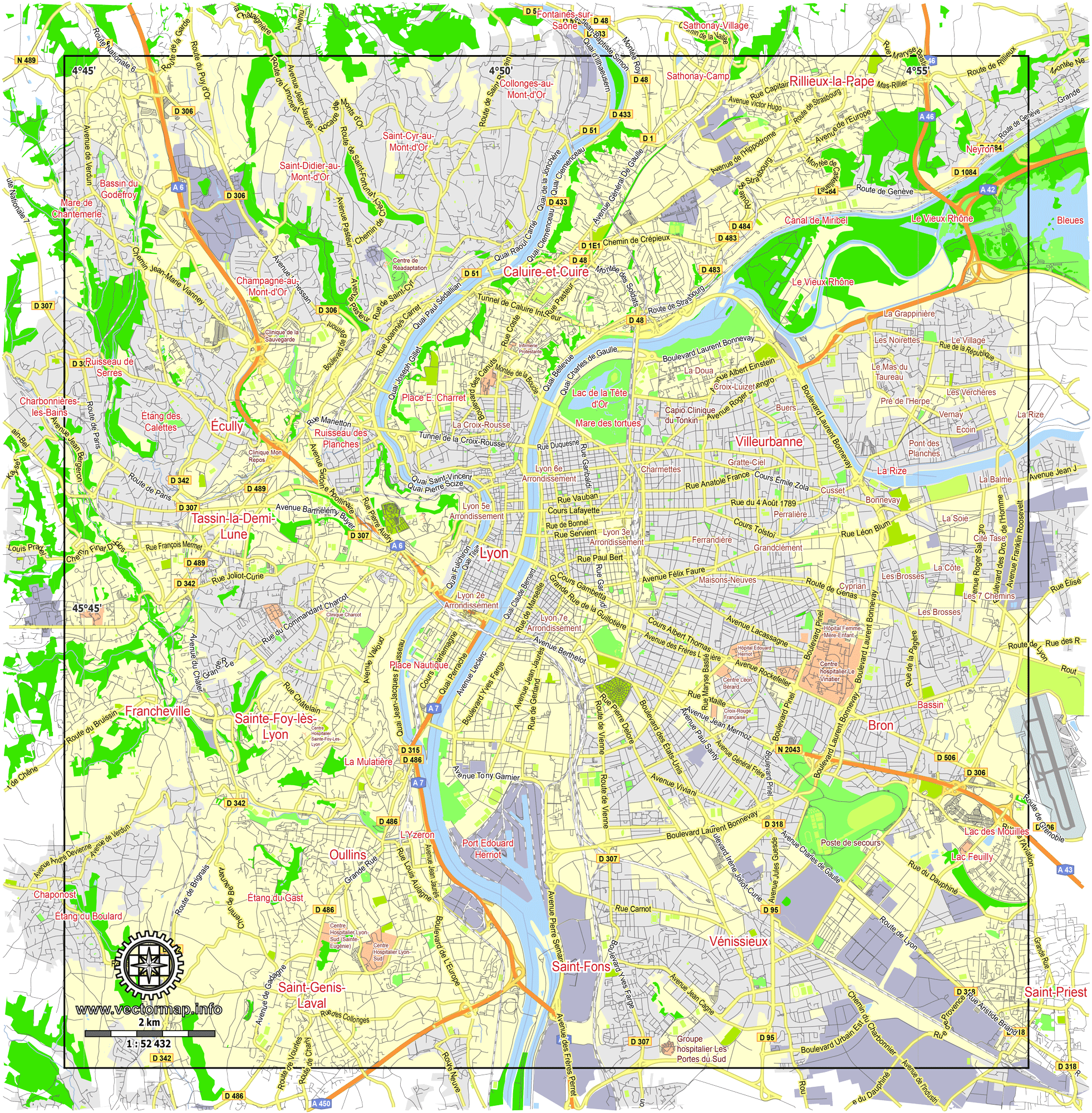 Lyon France editable layered PDF Vector Map https://vectormap.net/map ...