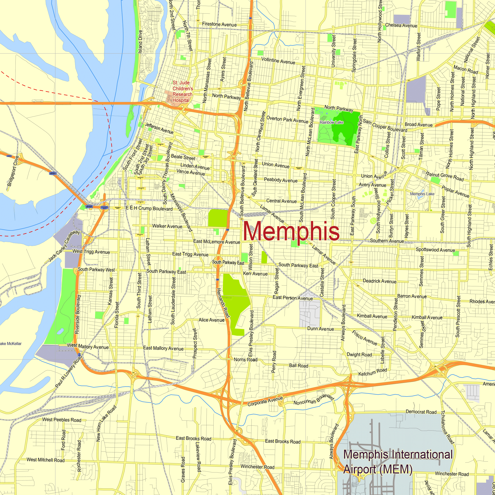 Memphis Tennessee US Editable Layered PDF Vector Map Printable Map Memphis Tennessee Us G View Level 13 Ai 10 Pdf 2 