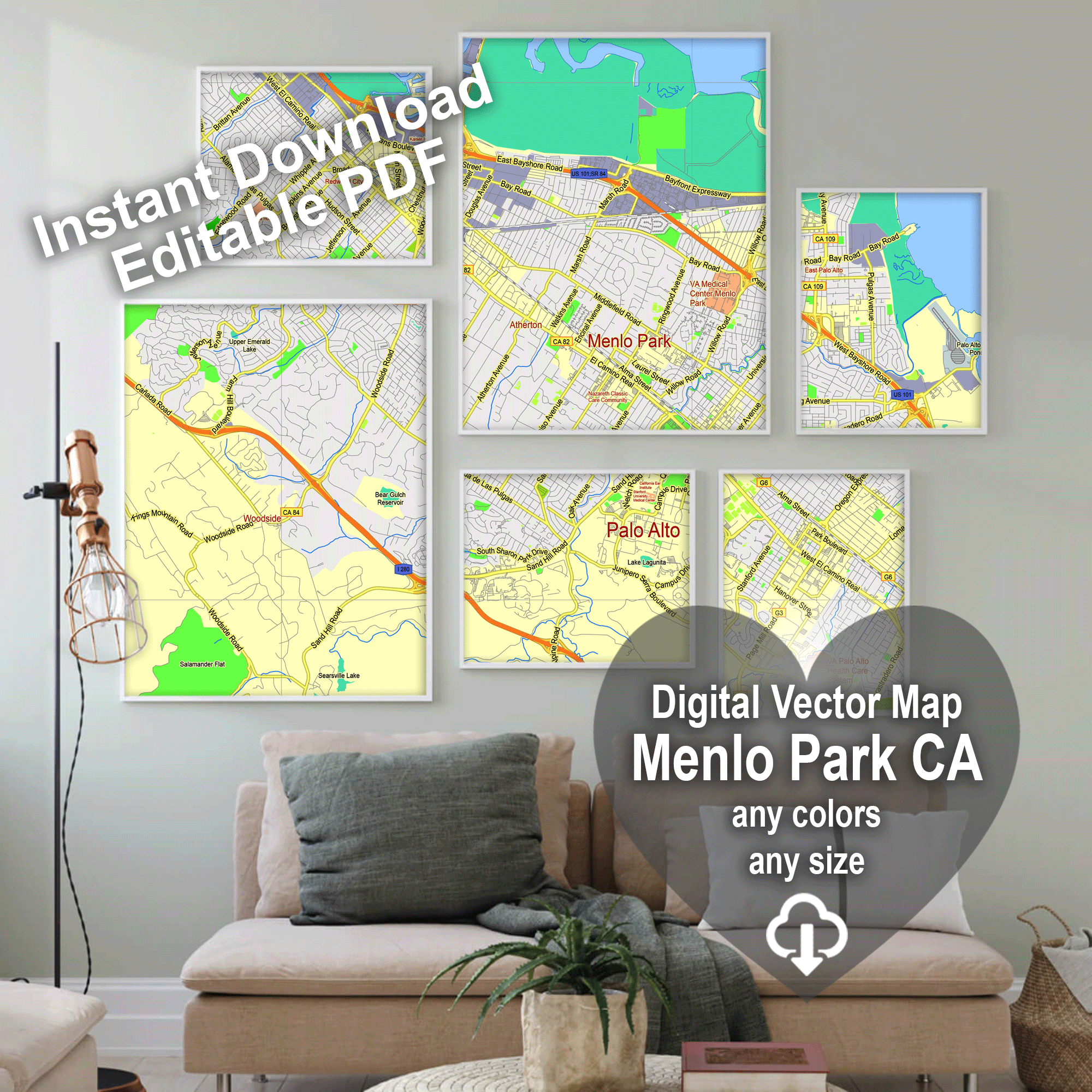 Menlo Park California US editable layered PDF Vector Map