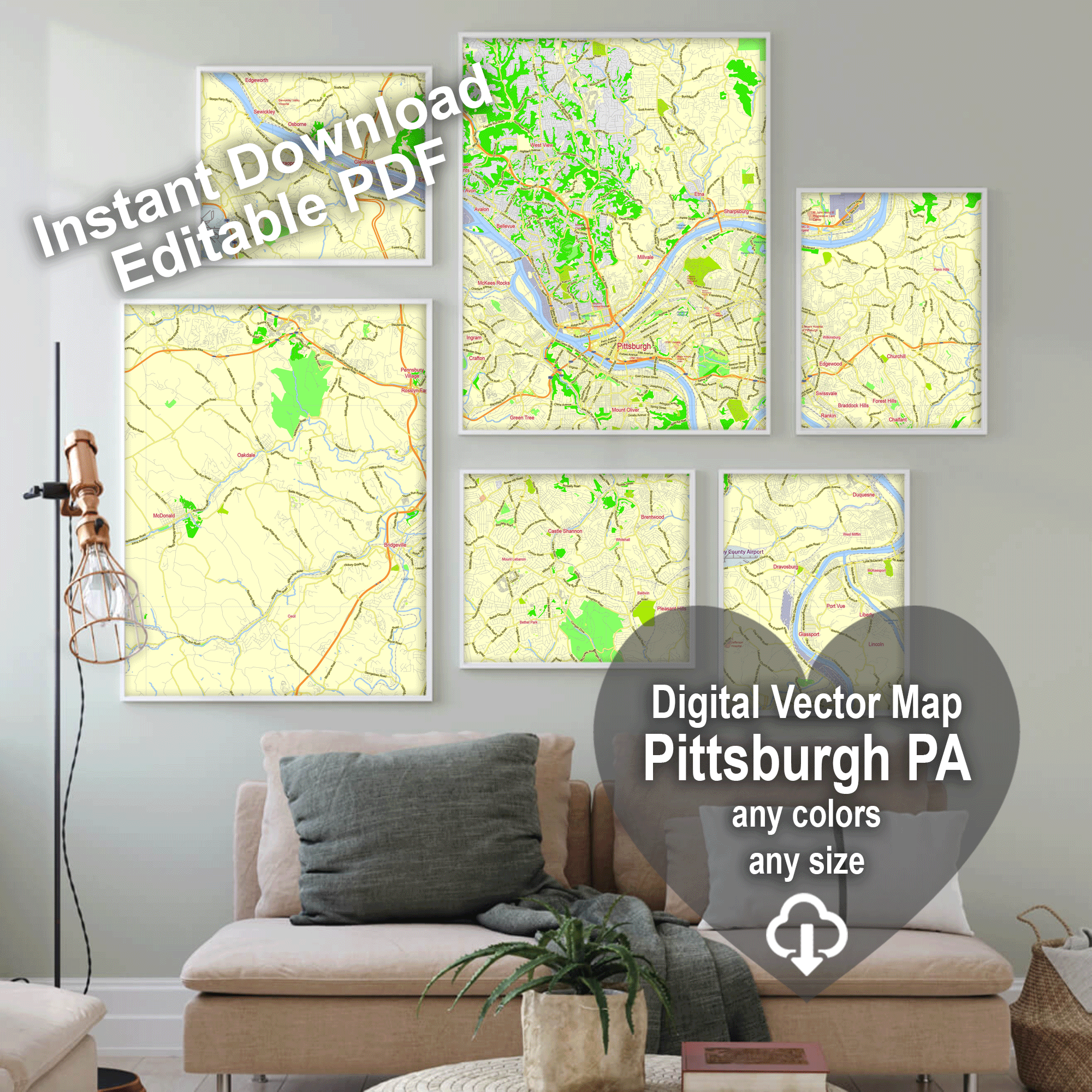 Pittsburgh Pennsylvania US editable layered PDF Vector Map Version 33
