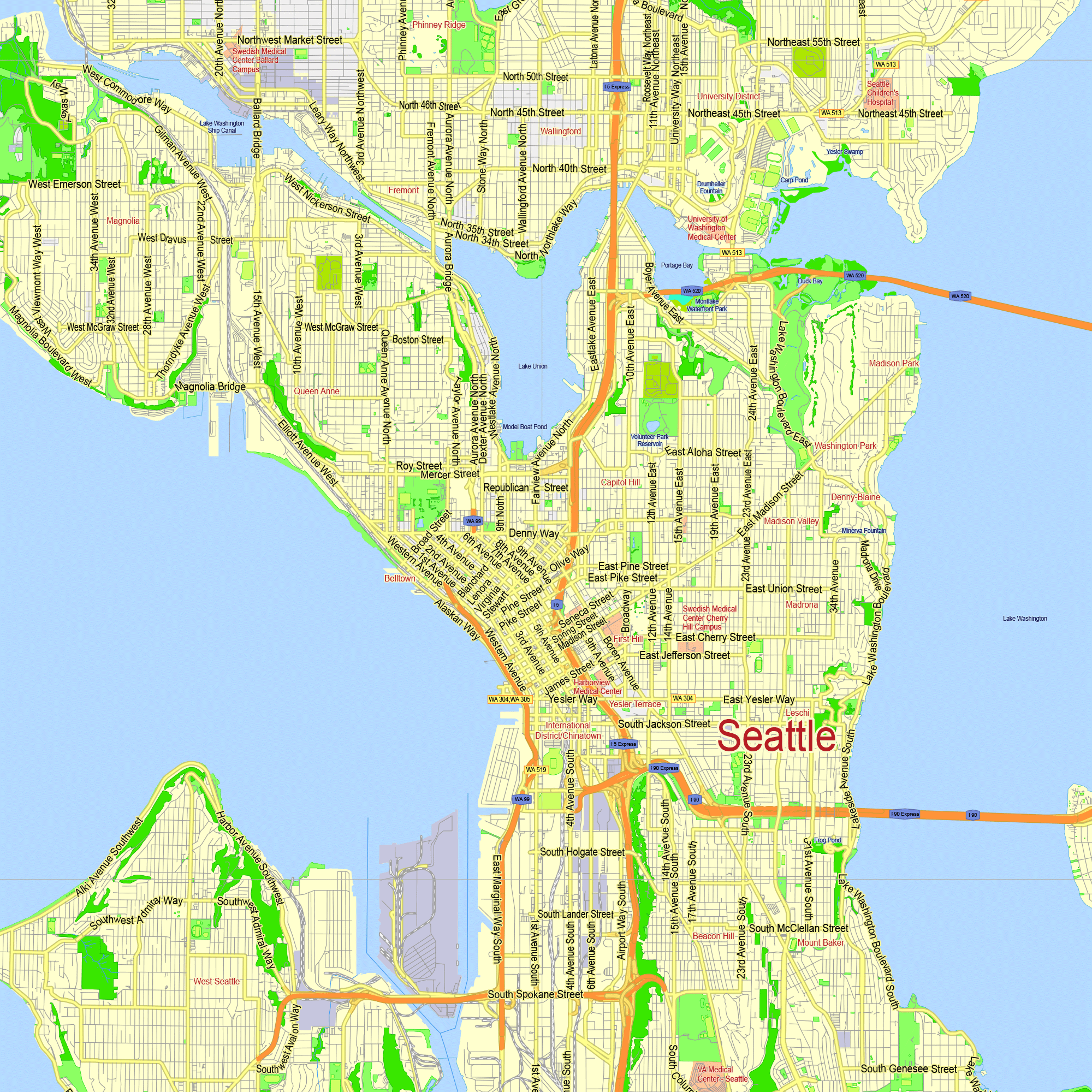 Seattle Washington US Editable Layered PDF Vector Map Printable Map Seattle Wa Us Gvl13 10 Ai Pdf 1