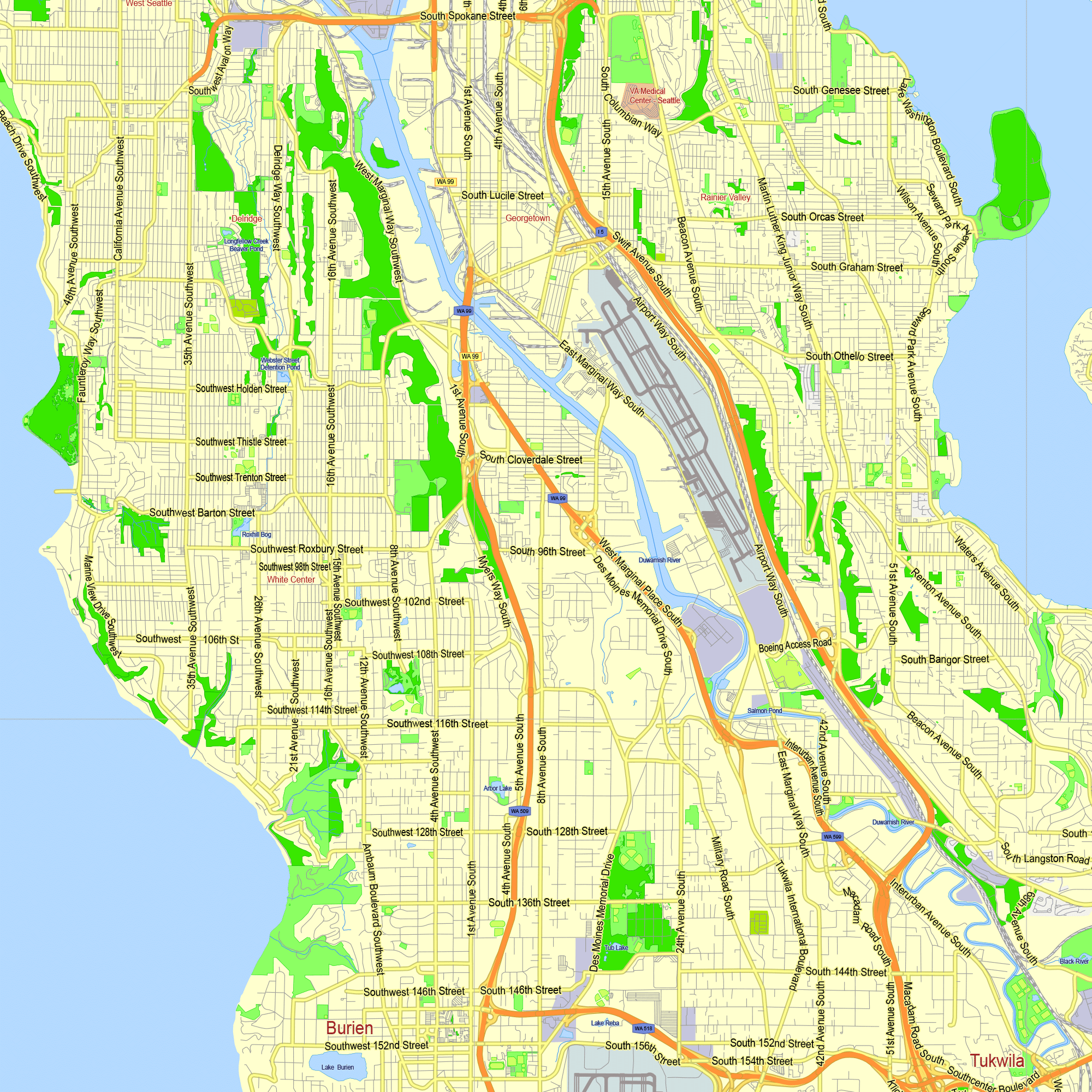 Seattle Washington US editable layered PDF Vector Map