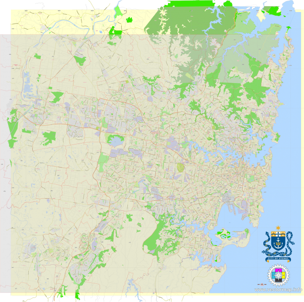 Sydney Australia editable layered PDF Vector Map Version 44 Zip-codes