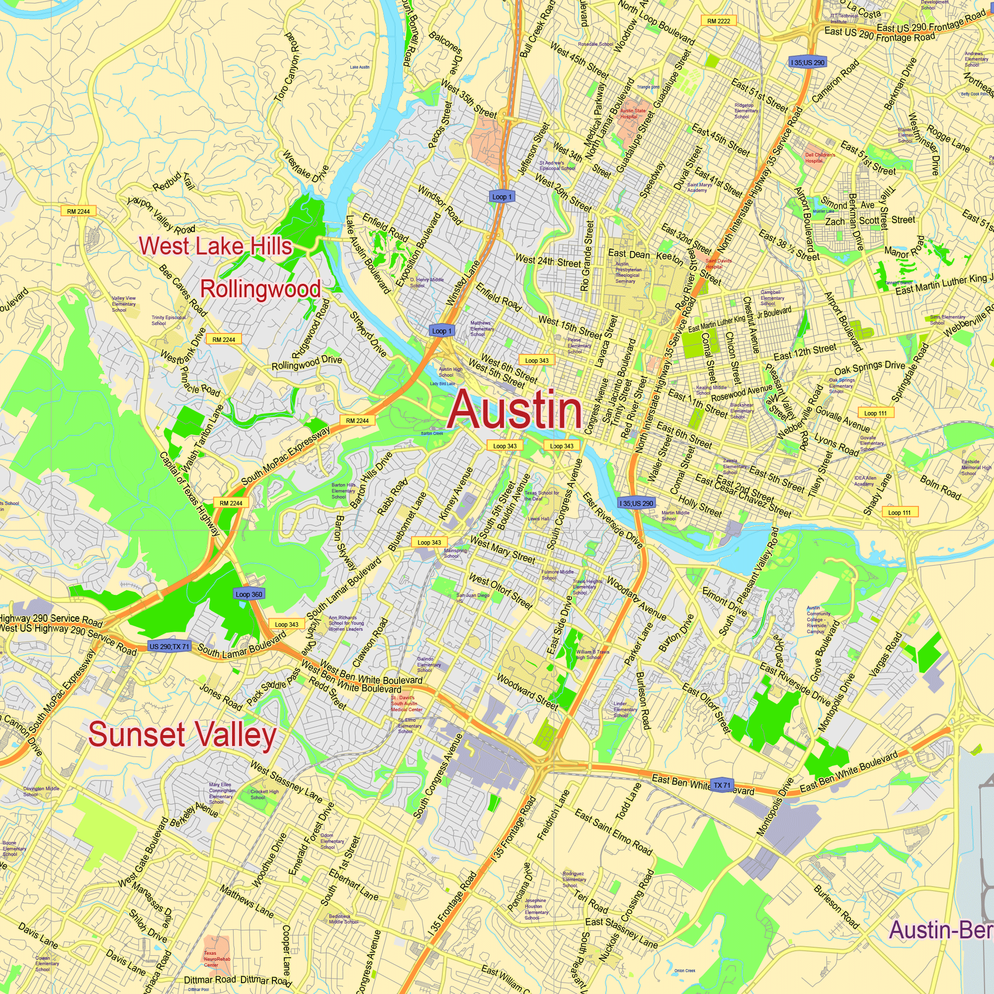 Austin Texas US editable layered PDF Vector Map