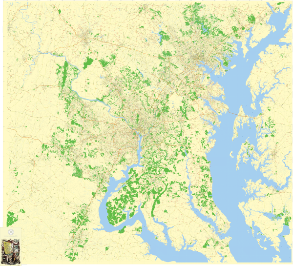 Washington DC + Baltimore Maryland US editable layered PDF Vector Map