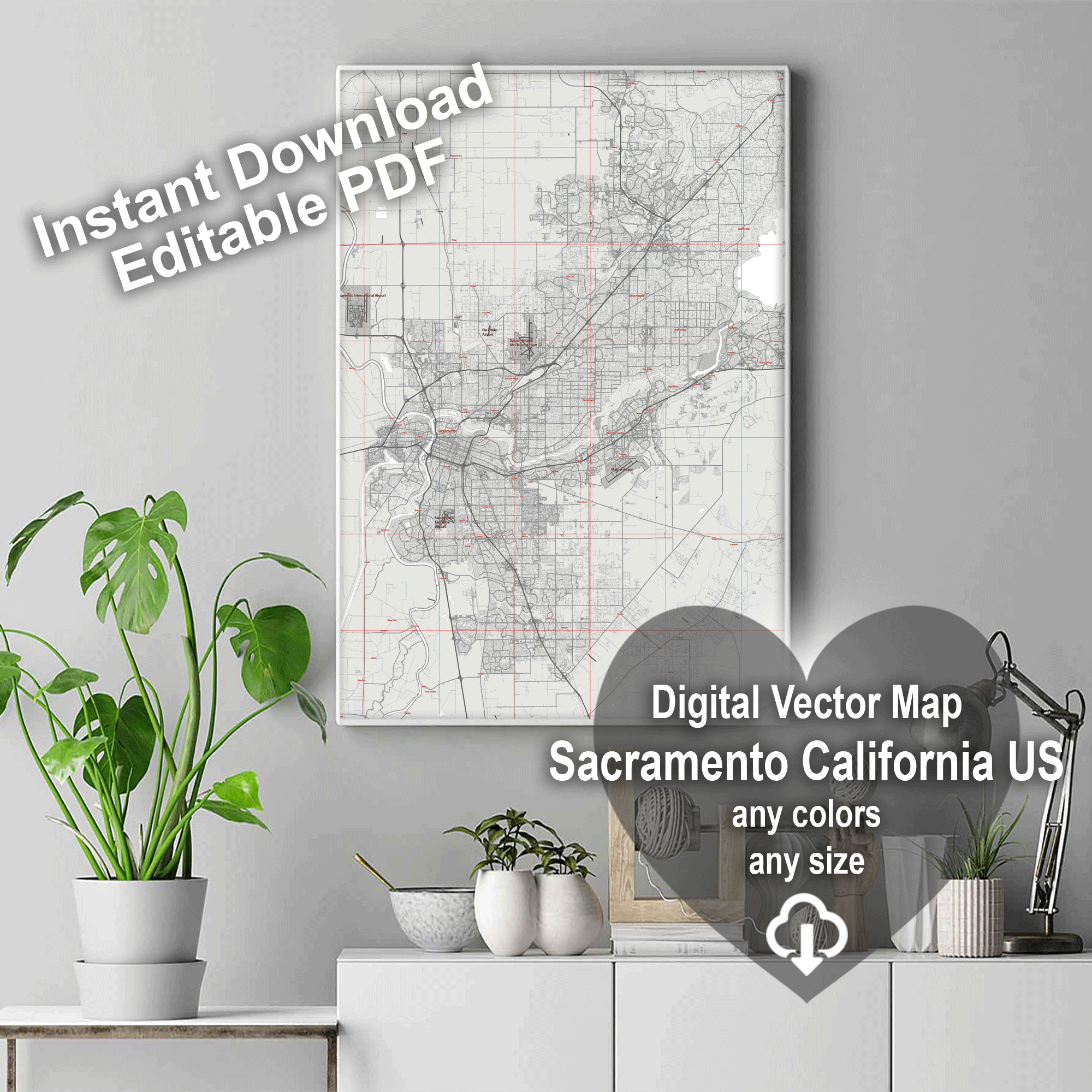 Sacramento California US Map Vector City Plan Low Detailed (simple white) Street Map editable Adobe Illustrator in layers