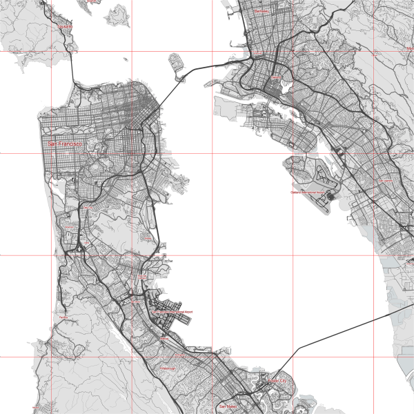 San Francisco Oakland California US Map Vector City Plan Low Detailed (simple white) Street Map editable Adobe Illustrator in layers