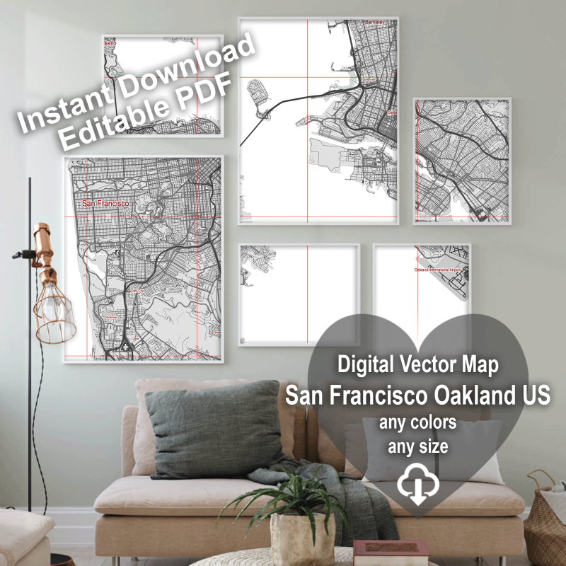San Francisco Oakland California US Map Vector City Plan Low Detailed (simple white) Street Map editable Adobe Illustrator in layers