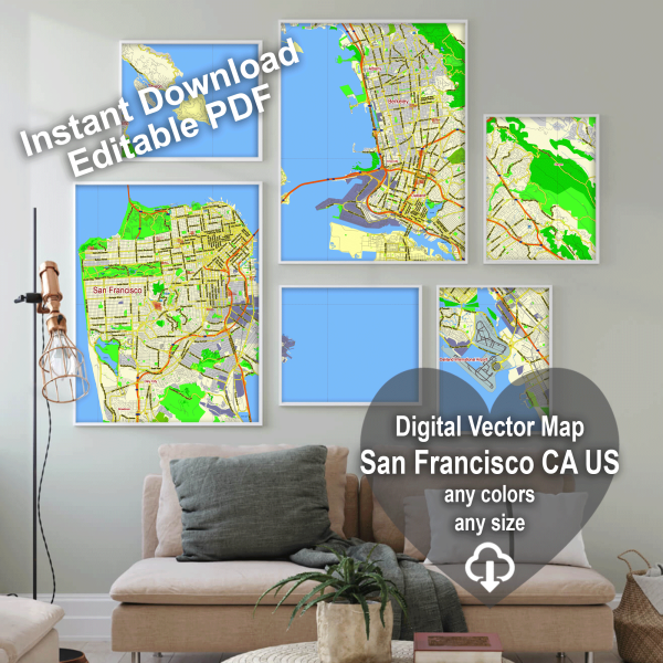 San Francisco + Oakland California US editable layered PDF Vector Map