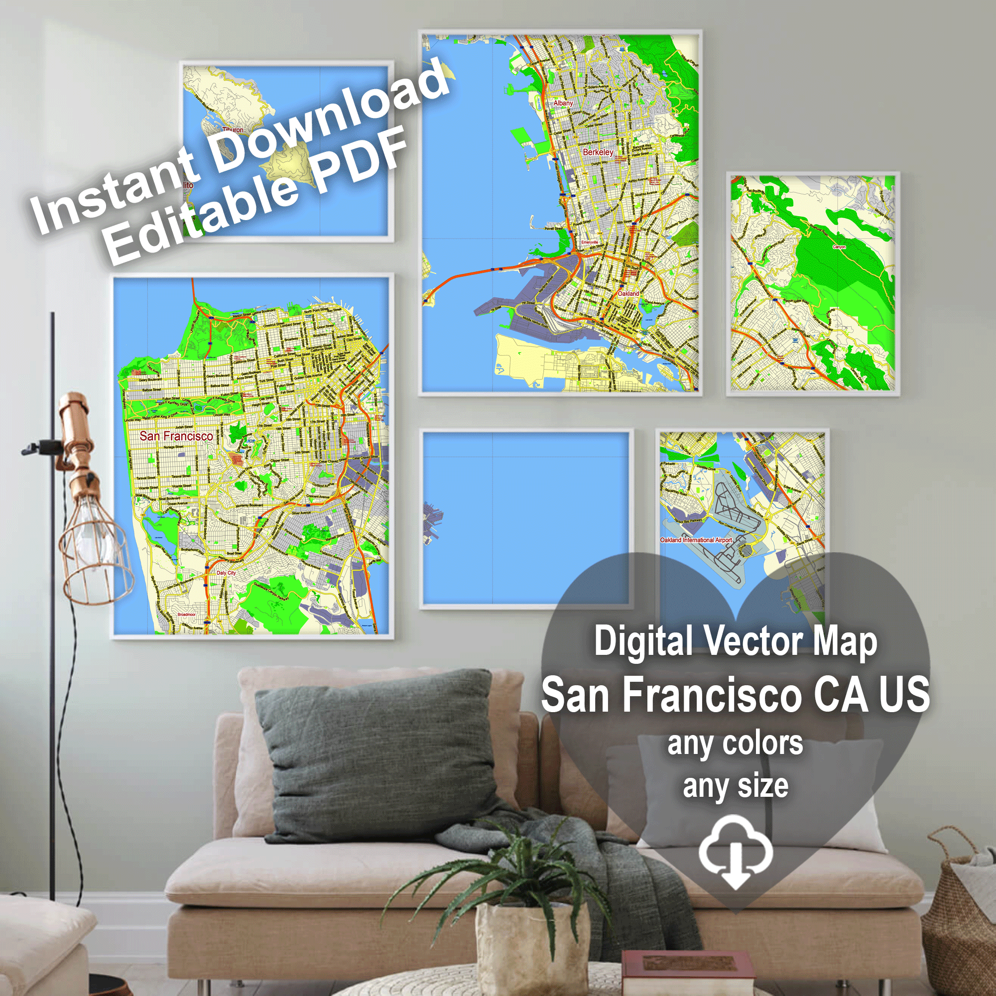 San Francisco + Oakland California US editable layered PDF Vector Map ...