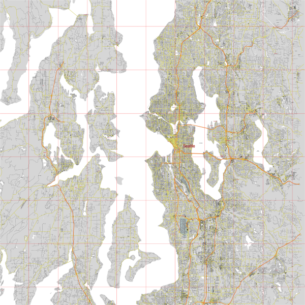 Seattle Washington US Map Vector City Plan Low Detailed (simple white + color) Street Map editable Adobe Illustrator in layers