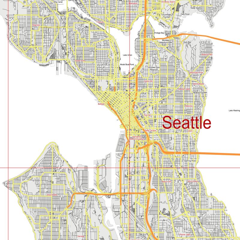 Seattle Washington US Map Vector City Plan Low Detailed (simple white + color) Street Map editable Adobe Illustrator in layers