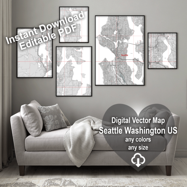 Seattle Washington US PDF Vector Map: City Plan Low Detailed (simple ...