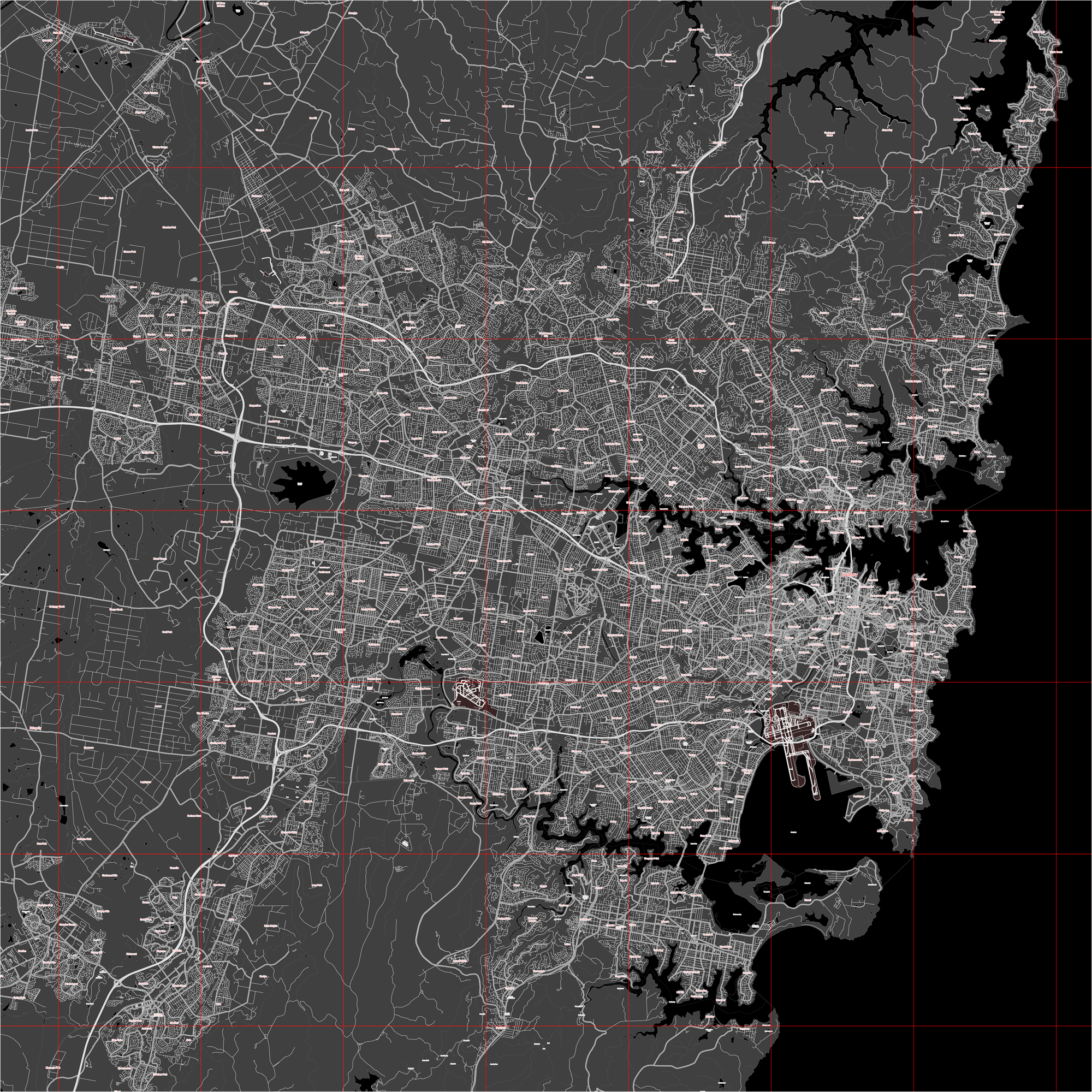 Sydney Australia PDF Vector Map: City Plan Low Detailed (simple BLACK & WHITE version) Street Map editable Adobe PDF in layers