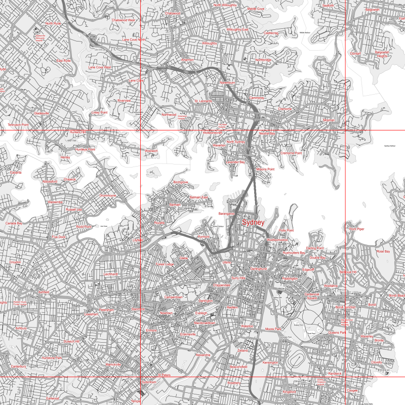 Sydney Australia Map Vector City Plan Low Detailed (simple BLANK version) Street Map editable Adobe Illustrator in layers