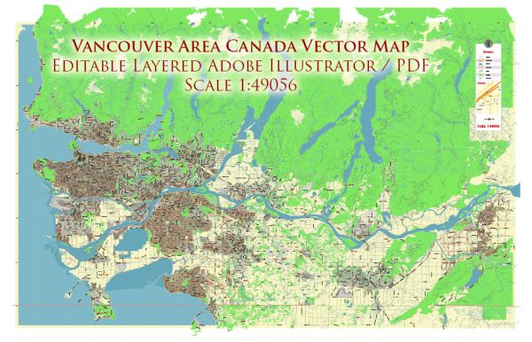 Vancouver Canada Map Vector City Plan Low Detailed (for small print size) Street Map editable Adobe Illustrator in layers