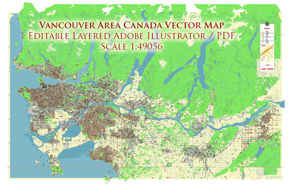 Vancouver Canada PDF Vector Map: City Plan Low Detailed (for small print size) Street Map editable Adobe PDF in layers
