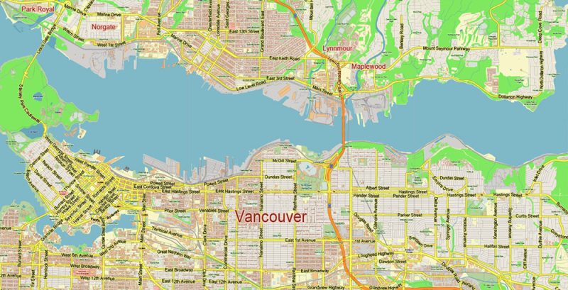 Vancouver Canada Map Vector City Plan Low Detailed (for small print size) Street Map editable Adobe Illustrator in layers