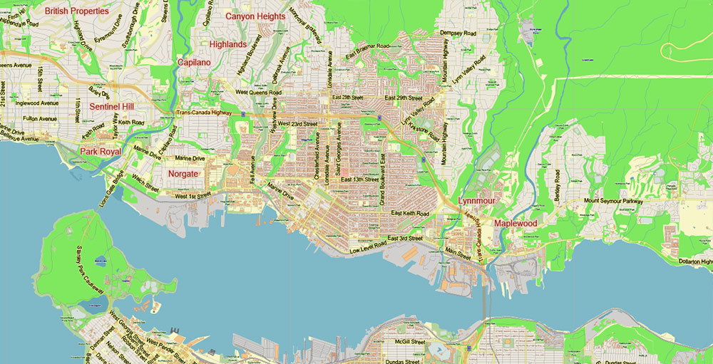 Vancouver Canada PDF Vector Map: City Plan Low Detailed (for small print size) Street Map editable Adobe PDF in layers