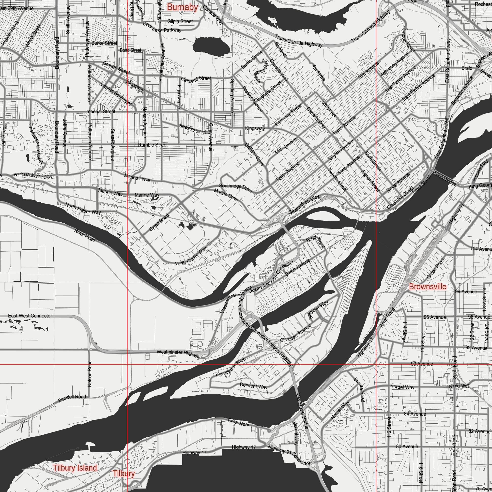 Vancouver Canada Map Vector City Plan Low Detailed (simple BLANK BLACK version) Street Map editable Adobe Illustrator in layers