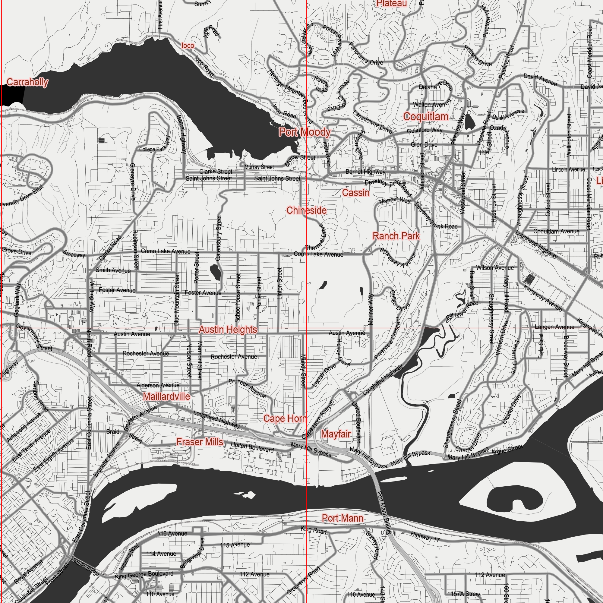 Vancouver Canada Map Vector City Plan Low Detailed (simple BLANK BLACK version) Street Map editable Adobe Illustrator in layers