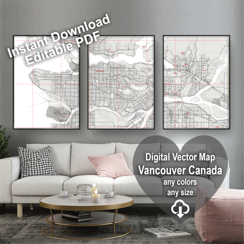 Vancouver Canada Map Vector City Plan Low Detailed (simple BLANK version) Street Map editable Adobe Illustrator in layers