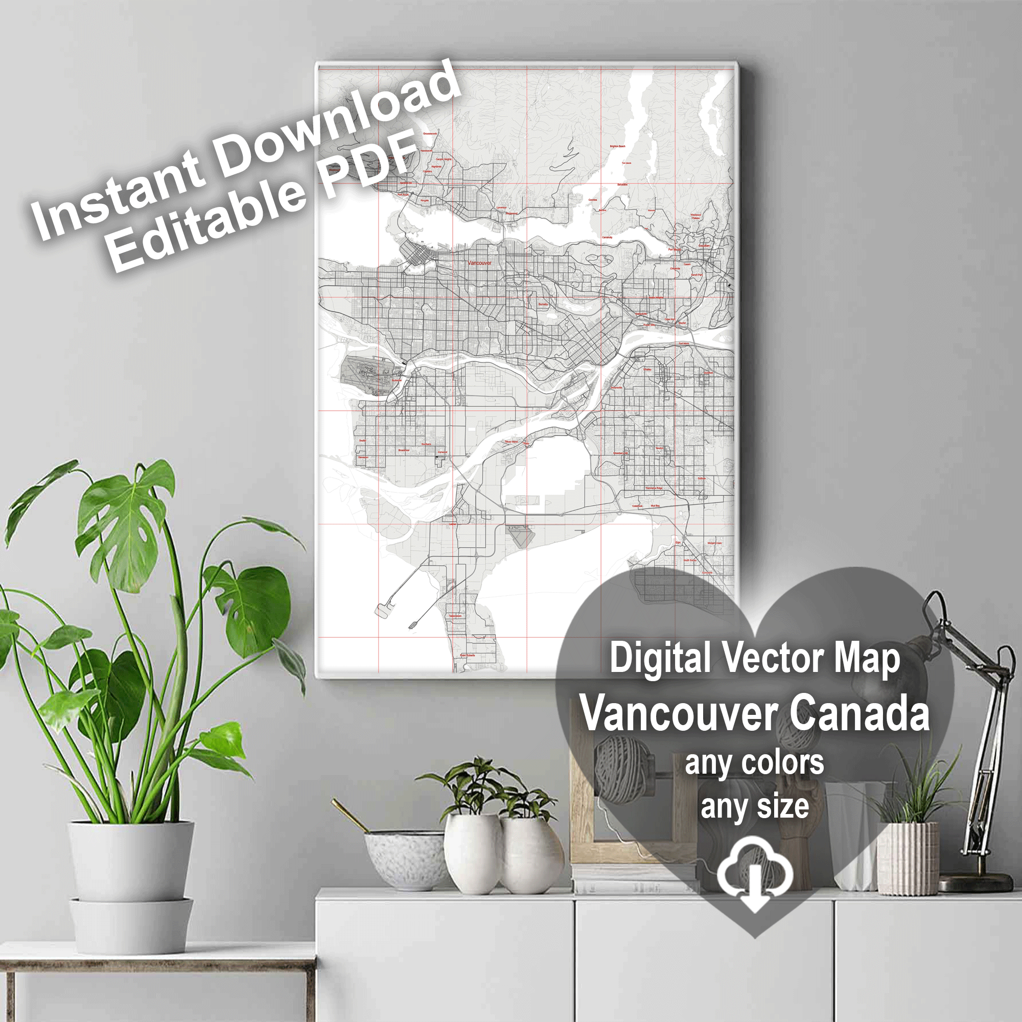 Vancouver Canada Map Vector City Plan Low Detailed (simple BLANK version) Street Map editable Adobe Illustrator in layers
