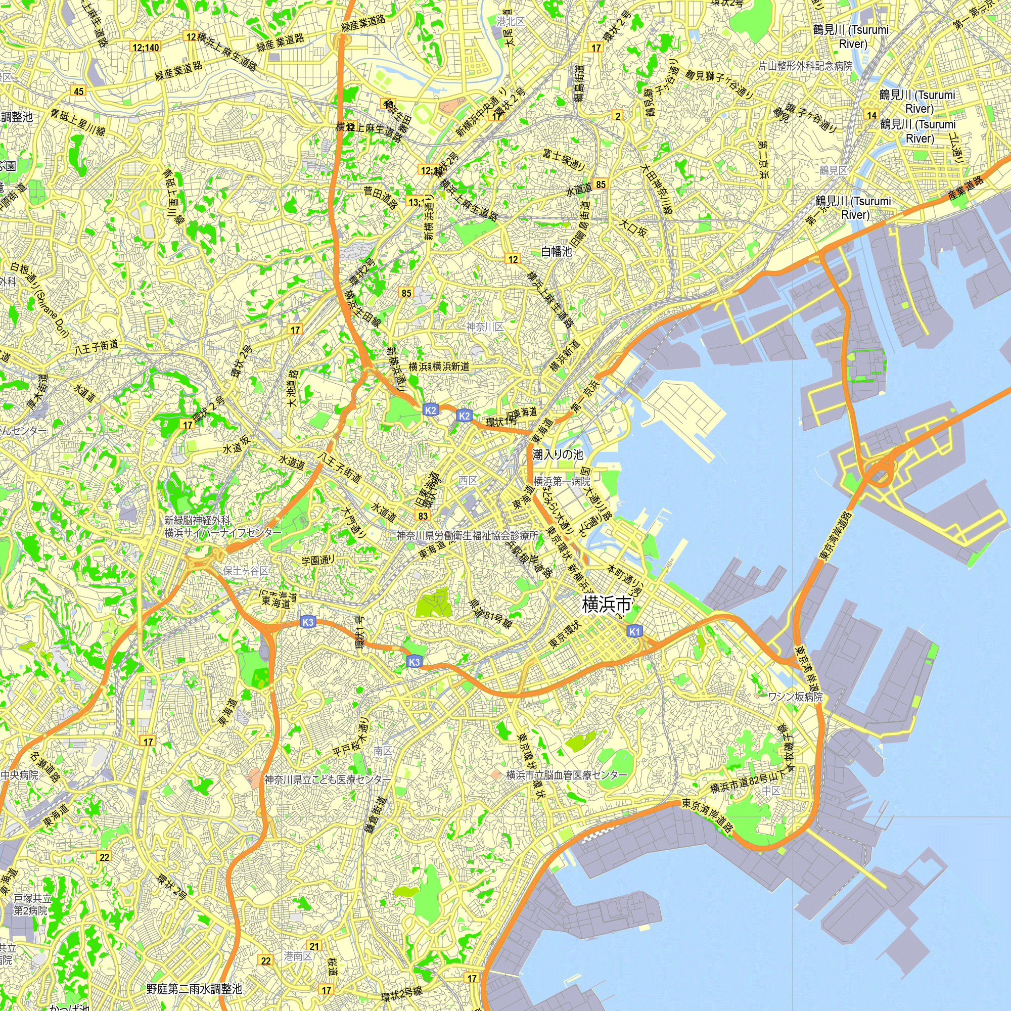 Yokohama Japan editable layered PDF Vector Map