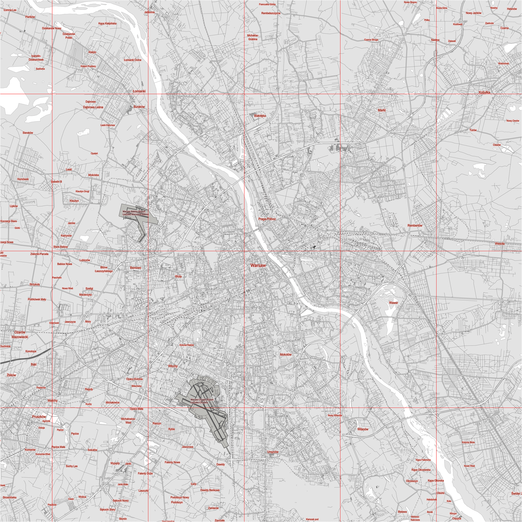 Warsaw Poland PDF Vector Map: City Plan Low Detailed (simple BLANK white version) Street Map editable Adobe PDF in layers