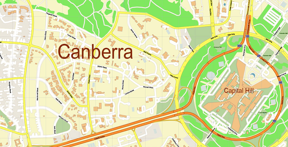 Canberra Australia Map Vector Exact High Detailed City Plan editable Adobe Illustrator Street Map in layers