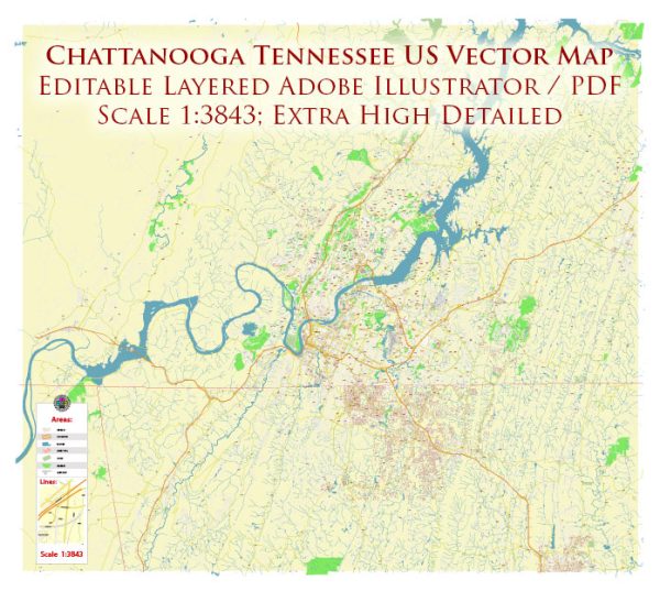 Chattanooga Tennessee US Map Vector Exact High Detailed City Plan editable Adobe Illustrator Street Map in layers