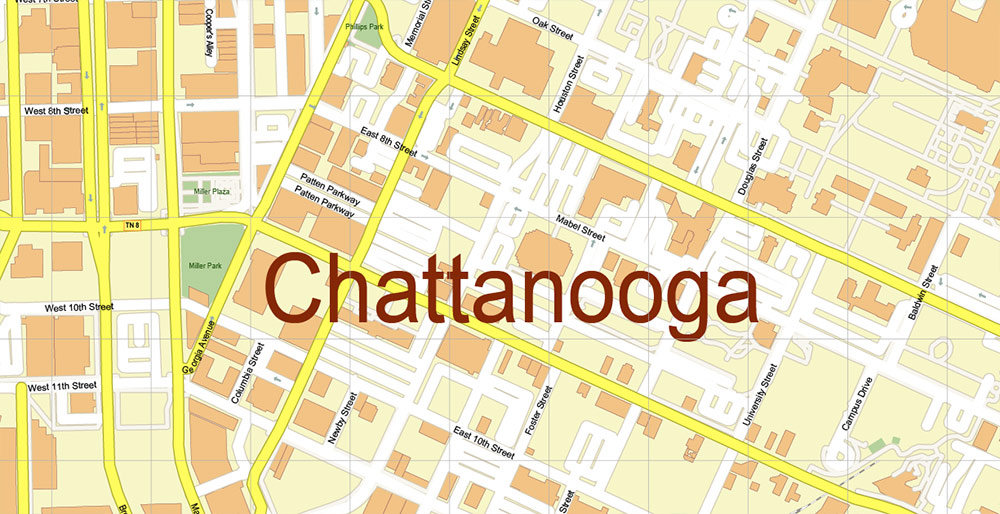 Chattanooga Tennessee US Map Vector Exact High Detailed City Plan editable Adobe Illustrator Street Map in layers