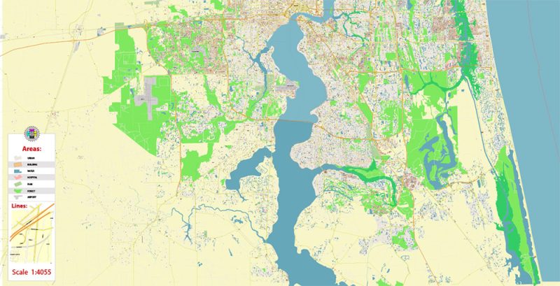 Jacksonville Florida US City Vector Map Exact High Detailed Urban Plan editable Adobe Illustrator Street Map in layers