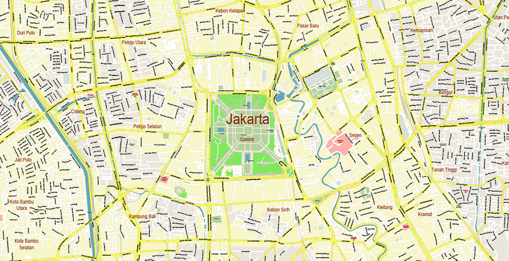 Jakarta Indonesia PDF Vector Map: Exact High Detailed City Plan editable Adobe PDF Street Map in layers