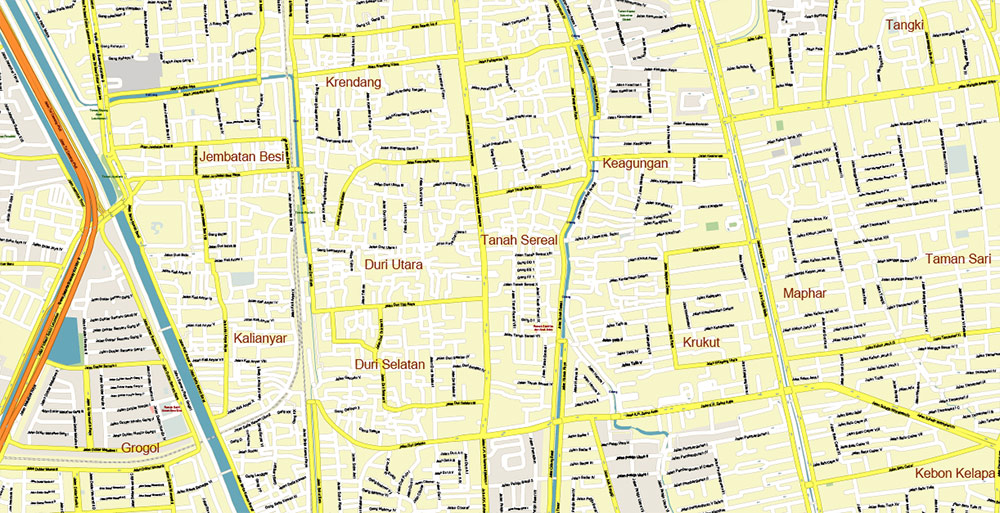 Jakarta Indonesia Map Vector Exact High Detailed City Plan editable Adobe Illustrator Street Map in layers