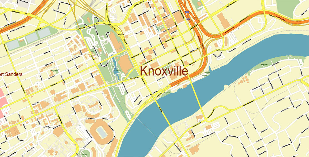 Knoxville + Oak Ridge Tennessee US PDF Vector Map: Exact High Detailed City Plan editable Adobe PDF Street Map in layers