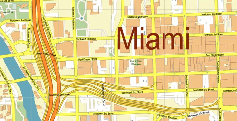 Miami Florida US Map Vector Exact High Detailed City Plan editable Adobe Illustrator Street Map in layers