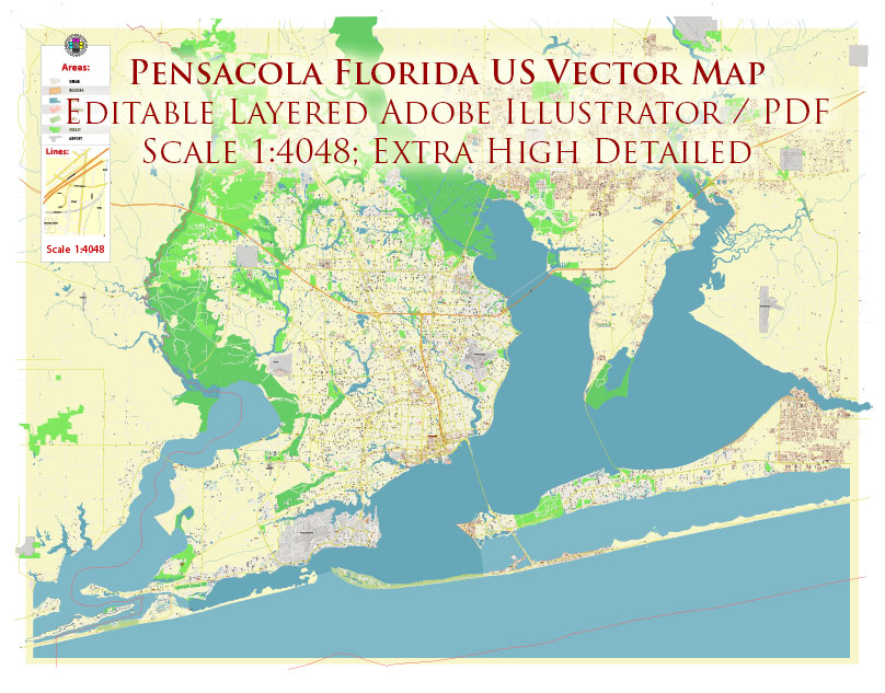 Pensacola Florida US City Vector Map PDF: Exact High Detailed Urban Plan editable Adobe PDF Street Map in layers