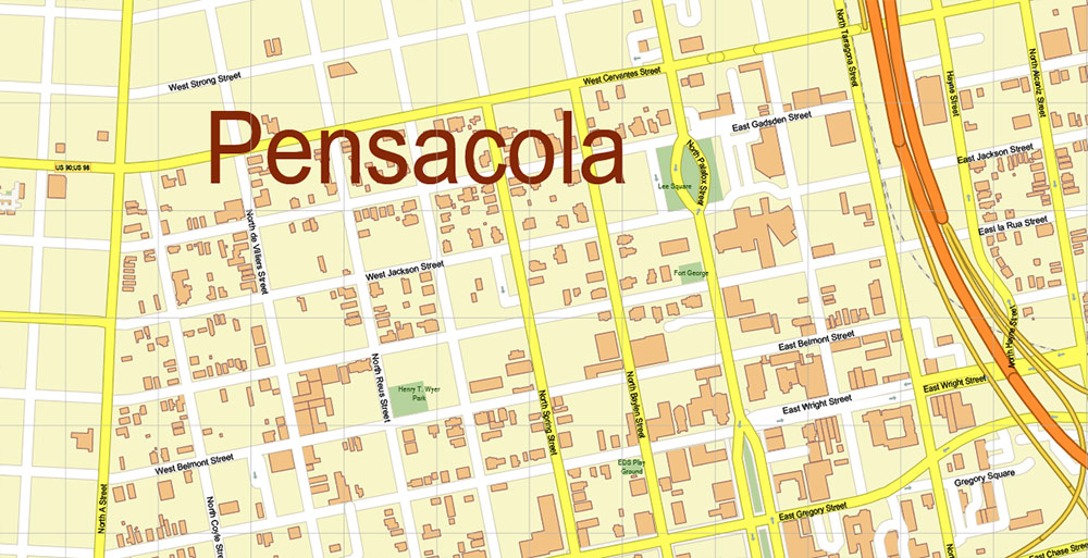 Pensacola Florida US City Vector Map PDF: Exact High Detailed Urban Plan editable Adobe PDF Street Map in layers