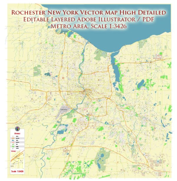 Rochester New York US Map Vector Exact High Detailed City Plan editable Adobe Illustrator Street Map in layers