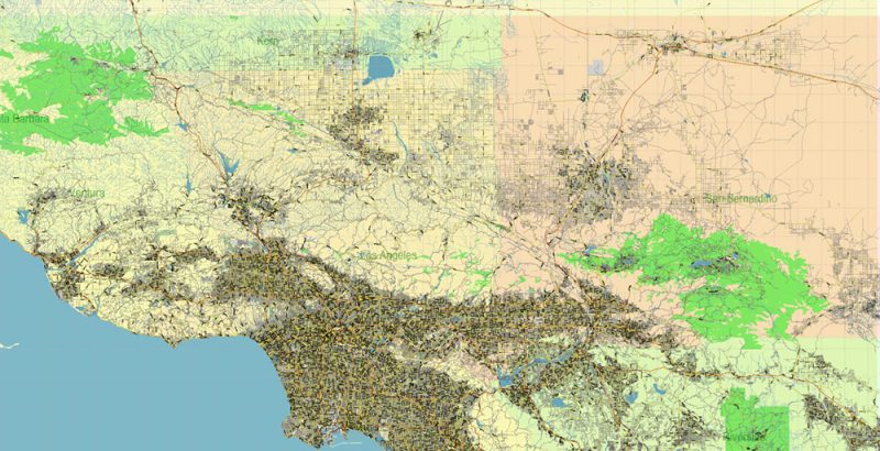 Southern California US Map Vector Exact High Detailed Region Plan editable Adobe Illustrator Street Road Map in layers (Names Main Streets)