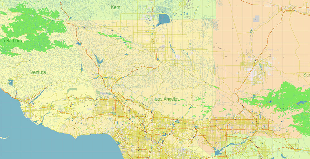 Southern California US Map Vector Exact Detailed Region Plan editable Adobe Illustrator Street Road Map in layers