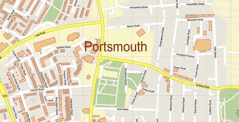 Southampton + Portsmouth UK Map Vector Exact High Detailed City Plan editable Adobe Illustrator Street Map in layers