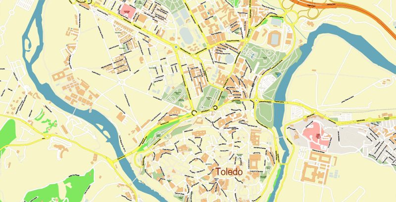 Toledo Spain City Vector Map Exact High Detailed Urban Plan editable Adobe Illustrator Street Map in layers