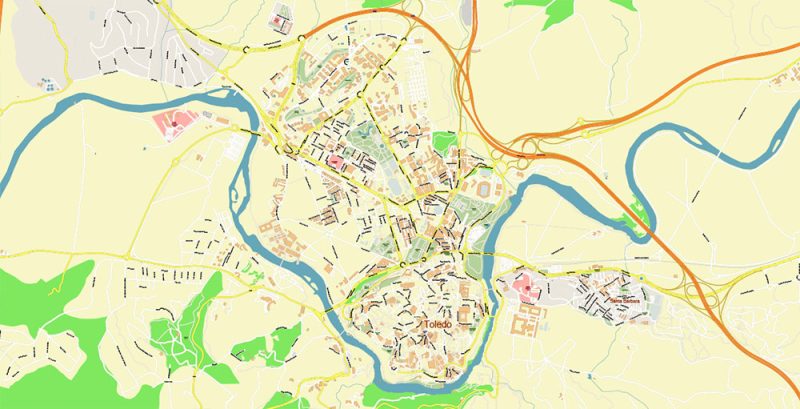 Toledo Spain City Vector Map Exact High Detailed Urban Plan editable Adobe Illustrator Street Map in layers