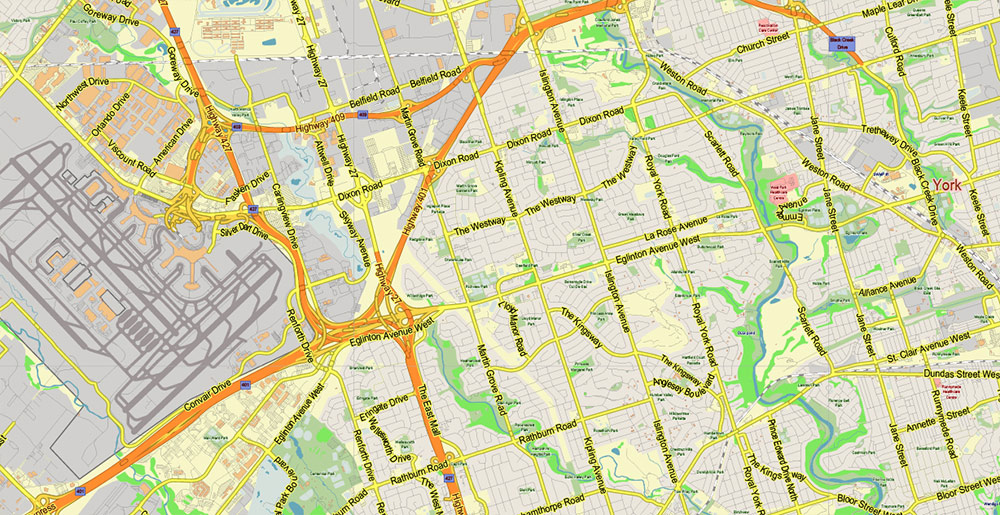 Toronto Canada PDF Vector Map: City Plan Low Detailed (for small print size) Street Map editable Adobe PDF in layers