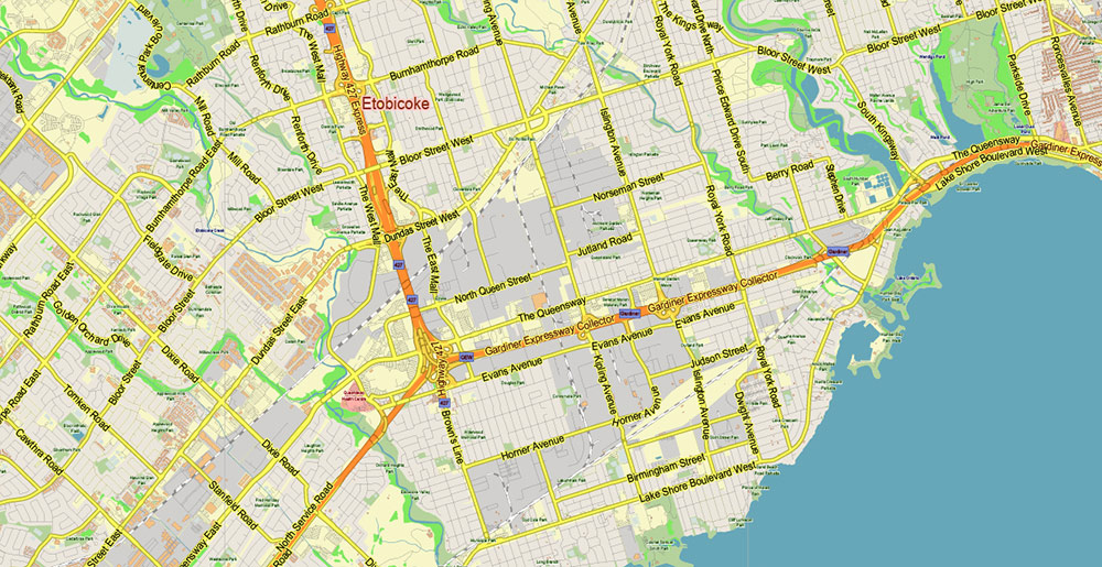 Toronto Canada PDF Vector Map: City Plan Low Detailed (for small print size) Street Map editable Adobe PDF in layers
