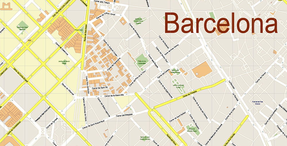 Barcelona Spain City Vector Map PDF: Exact High Detailed Urban Plan editable Adobe PDF Street Map in layers