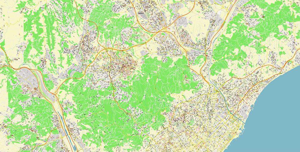 Barcelona Spain City Vector Map PDF: Exact High Detailed Urban Plan editable Adobe PDF Street Map in layers